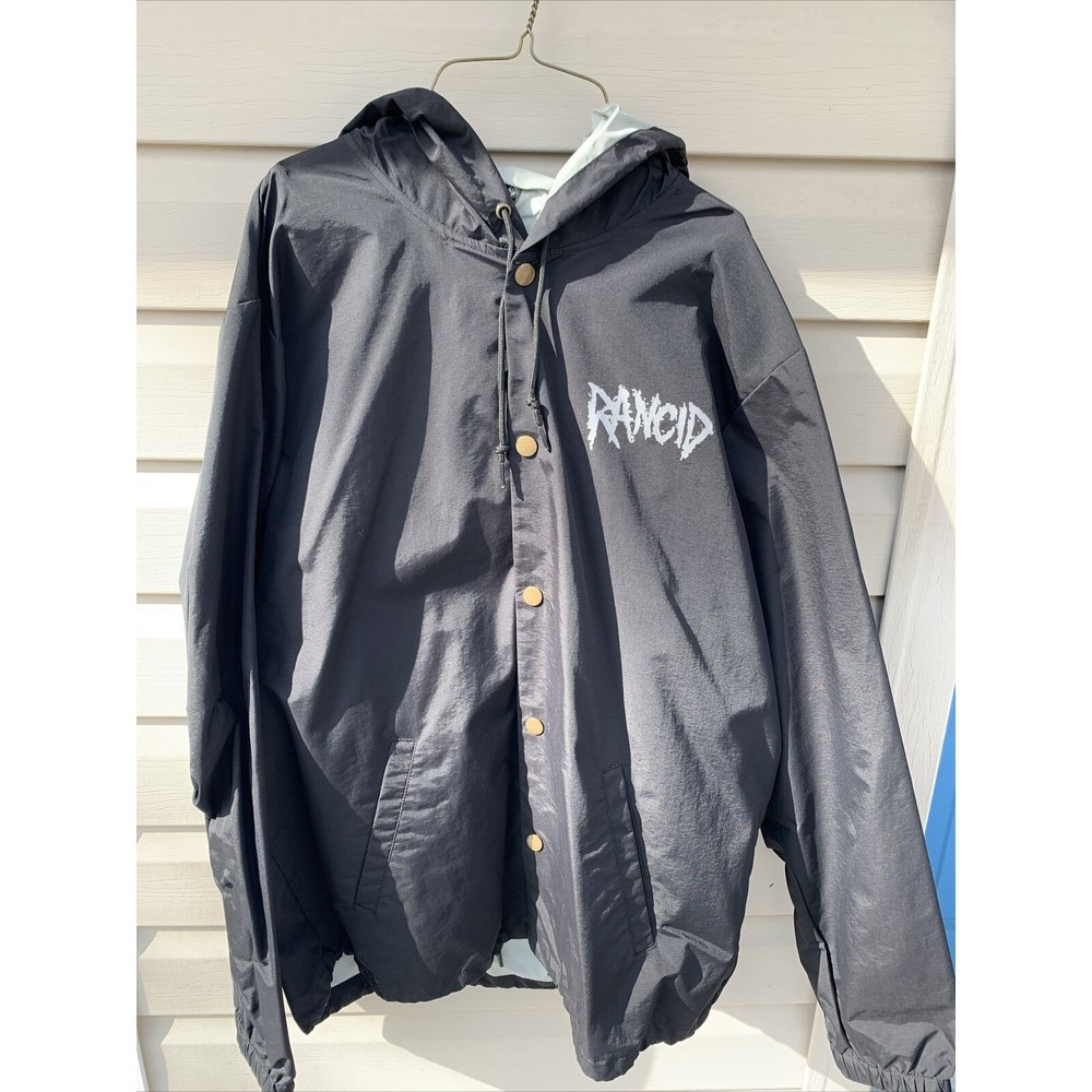 Rancid Nylon Rain Weather Hooded Snap Jacket Rock Punk Band Mens XL Skull